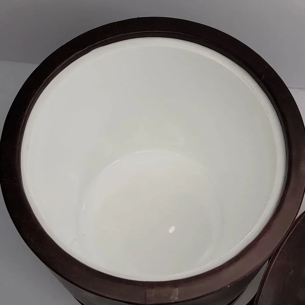Vintage MCM Brown Vinyl Ice Bucket High Rise Brass Handle Retro Barware 8 In